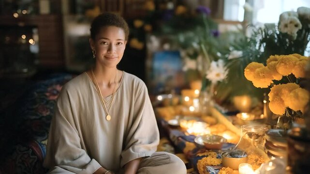 Family creating an ofrenda with marigold petals and an altar