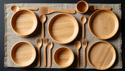 eco-friendly wooden tableware set top view