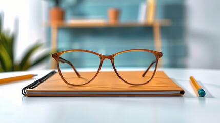 Close up of glasses on a notebook with pencils on a white desk in a bright and airy room