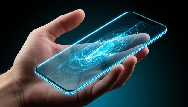 In the hand of a modern phone of the future holographic on a dark background