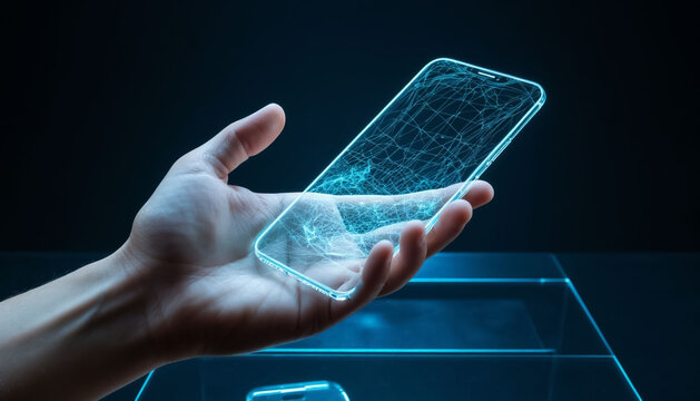 In the hand of a modern phone of the future holographic on a dark background