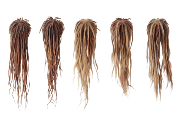 Varied styles of dreadlocks isolated on a white background showcasing different textures and lengths