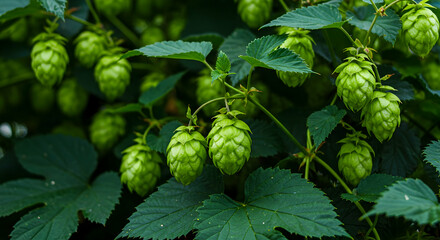 Fresh Green Hops Growing on the Vine Ready for Harvest Beer Brewing Ingredient