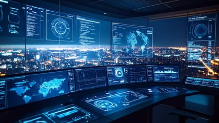 Futuristic command center overlooking a cityscape, featuring data visualizations and cybersecurity systems - Powered by Adobe