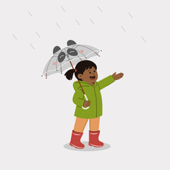 Flat vector illustration of colored little girl with umbrella in the rain