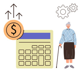 Elderly person with a cane standing beside a calculator, dollar coin, rising arrows, and gears. Ideal for retirement planning, financial growth, budgeting, investment, savings aging future