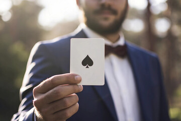 Man in a suit holding up an ace of spades playing card.
