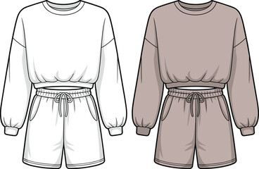 CAD drawing flat vector illustration of women's sweatshirt and shorts set, front view, casual loungewear template, fashion technical sketch for apparel design mockup