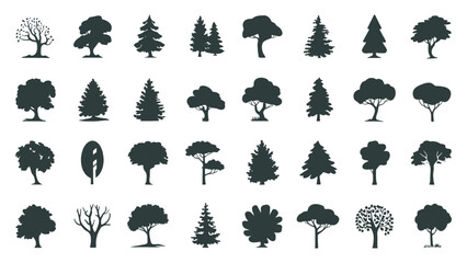 Diverse tree silhouette collection featuring various deciduous and coniferous species in black vector style perfect for nature graphics, forest landscapes, eco-friendly designs, outdoor illustration