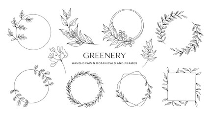 Elegant botanical greenery wreath and floral frame collection in hand drawn black and white line art style perfect for wedding invitations logos branding greeting cards packaging and nature design 