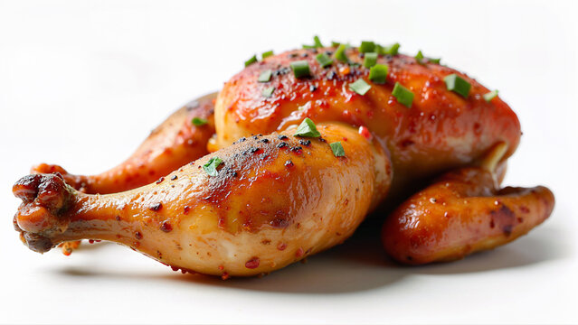 Whole grilled chicken with herbs and spices presented isolated on a white background. Suitable for food advertising, menu design, or culinary blogs.