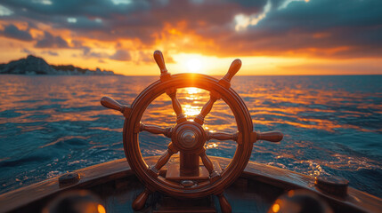Maritime ship wheel backlit by warm sunset glow over calm waters 