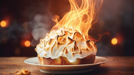 National Baked Alaska Day Flaming baked alaska dessert on rustic wooden table with warm lighting