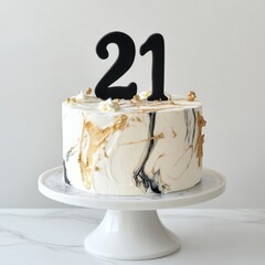 Elegant 21st birthday cake with black and gold marble design on white stand