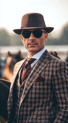 Stylish gentleman in plaid suit and hat at outdoor event