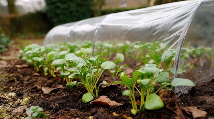 Naked Gardening Day. Fresh green sprouts growing in a garden row under protective cover