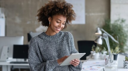 Young african female professional using tablet in modern office environment