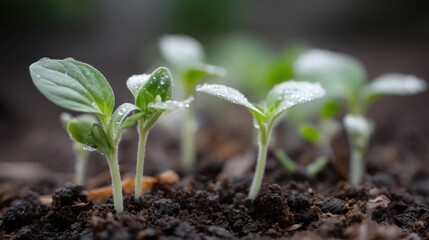 Young green seedlings with dew in fertile soil