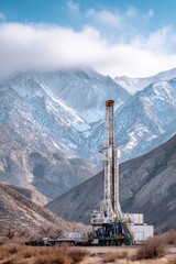 Oil rig in snow-covered mountain landscape