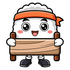 Cute rice ball character holding a wooden sign silhouette