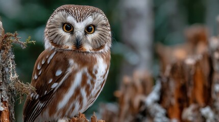 Brown and white owl perched on tree stump in forest setting