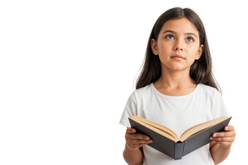 Young student girl holding an open book, looking up in confusion, isolated on black background