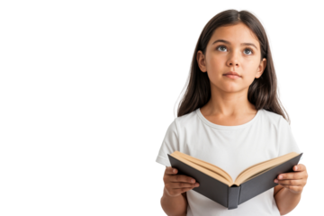 Young student girl holding an open book, looking up in confusion, isolated on black background