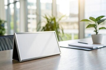 Blank white sign or nameplate on a desk in a modern office or study setting


