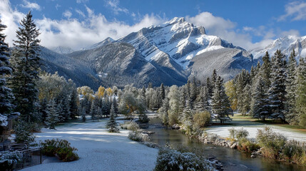 Snowy mountain landscape with river and trees under a cloudy blue sky view