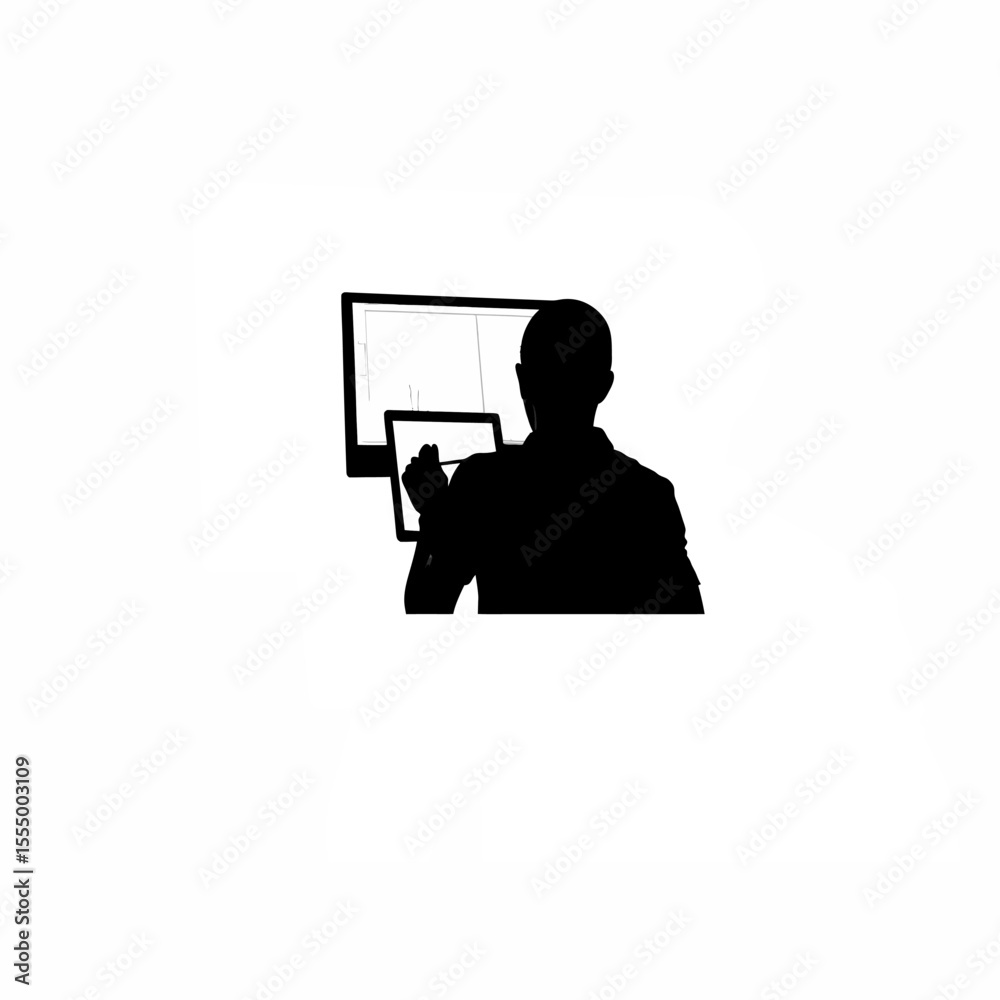 Fototapete silhouette of a digital artist designing characters on a large screen on white background