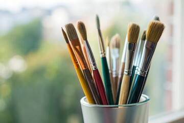 Fototapeta premium Various artist paint brushes in cup with blurred outdoor background
