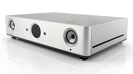 Obraz premium High-end silver home audio receiver amplifier with speakers, isolated on white, ideal for tech blogs, product showcases, audio equipment reviews, home theater systems, music enthusiasts