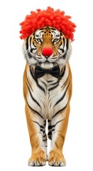 tiger dressed as a clown with a colorful wig, red nose, and bow tie. Humorous and surreal animal portrait on white background