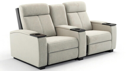 Modern two-seater theater recliner chair in light fabric with cup holders, ideal for home cinema interiors, entertainment room furniture, luxury seating, lifestyle promotions