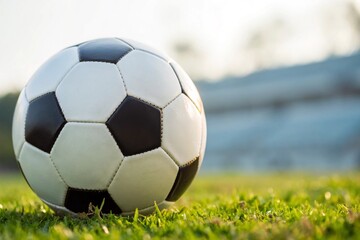 Fototapeta premium Classic black and white soccer ball on green grass field with blurred stadium background