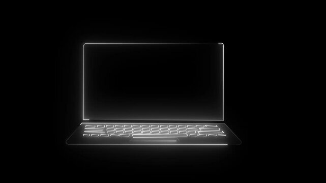 Neon laptop line icon. Glowing neon line Computer network icon glowing logotype animation. icon of an open neon glowing laptop on black background. Computer notebook with empty screen sign 4k video.