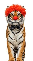 tiger dressed as a clown with a colorful wig, red nose, and bow tie. Humorous and surreal animal portrait on white background