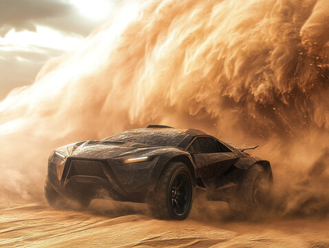 A powerful, futuristic black SUV kicks up a massive dust cloud while racing across a vast desert landscape under a cloudy sky.