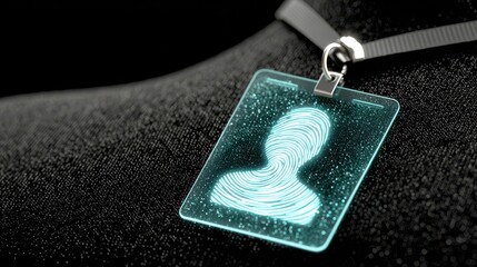 Futuristic identification badge with glowing fingerprint pattern on dark textured background for security and identity concepts