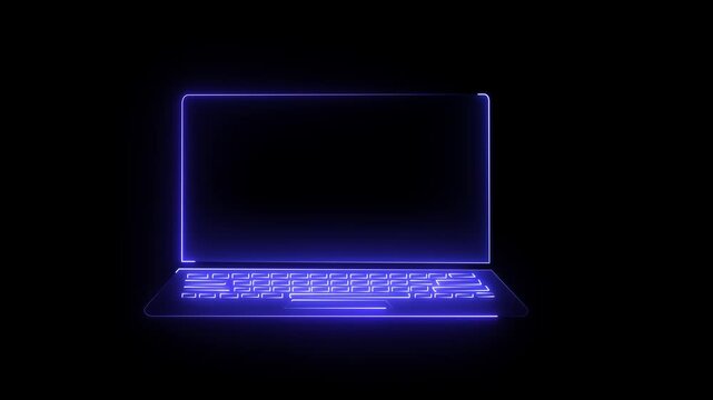 Neon laptop line icon. Glowing neon line Computer network icon glowing logotype animation. icon of an open neon glowing laptop on black background. Computer notebook with empty screen sign 4k video.
