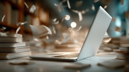 Open laptop in library surrounded by flying pages creating an inspiring atmosphere for learning and creativity
