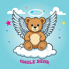 Cute cartoon teddy bear angel sitting on cloud with wings and halo