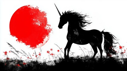  Black Unicorn Silhouette Against a Red Sun and White Background