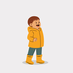 Flat vector illustration of little boy in raincoat