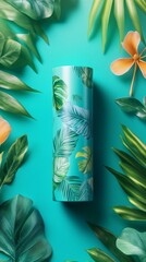 Cylindrical Lip Balm Packaging on Teal Background with Tropical Leaves