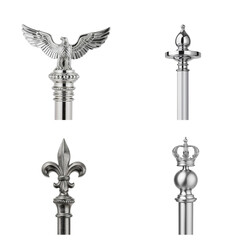 flagpole, silver ornamental toppers, set, transparent background, a lot of copy space, finial, fleur-de-lis, crown, eagle, sphere, silver, polished, metal, top detail, ceremonial, four objects, classi