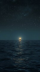 Dark Ocean Under Starlit Night Sky With Glowing Buoy