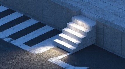 Modern Urban Stairs Overlooking Crosswalk with Sunlight Reflection on Concrete Surface in Contemporary Architecture Style