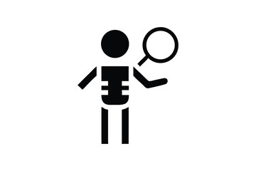 Simple icon of a skeleton figure examining its bones with a magnifying glass.