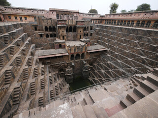 Chand Baori stepwell in the village of Abhaneri, Rajasthan, India.  Wide view